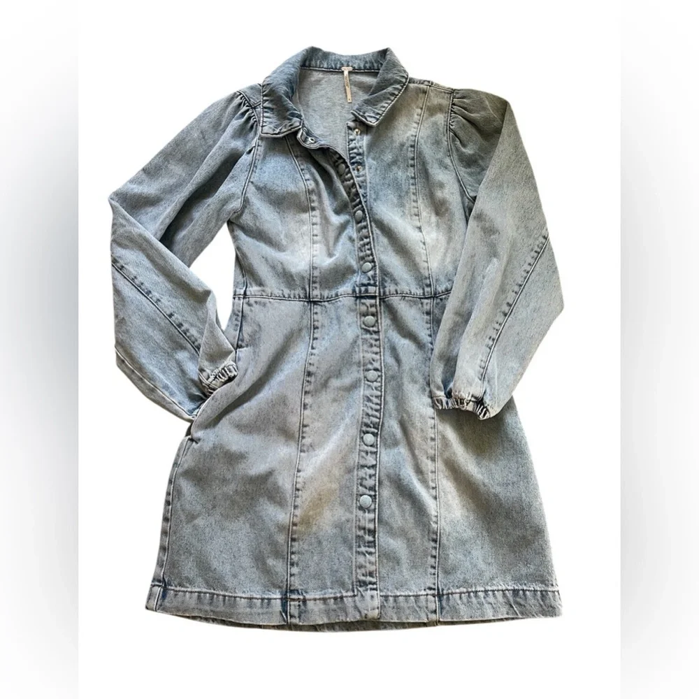 Free People Mia Long Puff Sleeved Light Wash Denim Mini Dress - Size Small - Picture 2 of 10